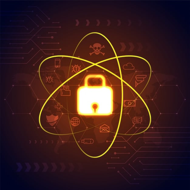 A graphic depicting a shield with a lock symbol superimposed on a network of interconnected nodes, representing the concept of comprehensive cybersecurity protection for a business network.
