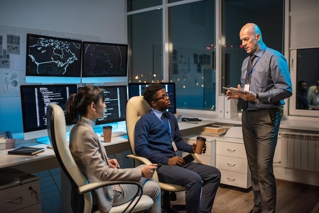 A team of cybersecurity professionals working in a modern security operations center (SOC), analyzing data and responding to potential threats. The scene is filled with multiple screens displaying real-time security metrics and network activity.