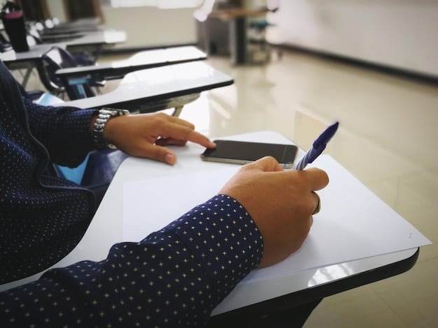 A close-up of a hand signing a student loan forgiveness application form, with a pen and a calculator nearby. The form displays official US Department of Education branding.