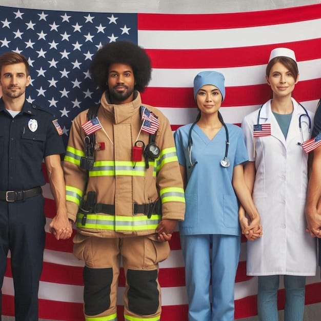 A diverse group of professionals (teacher, nurse, firefighter) standing in front of their workplaces, smiling confidently. Overlaying text reads 