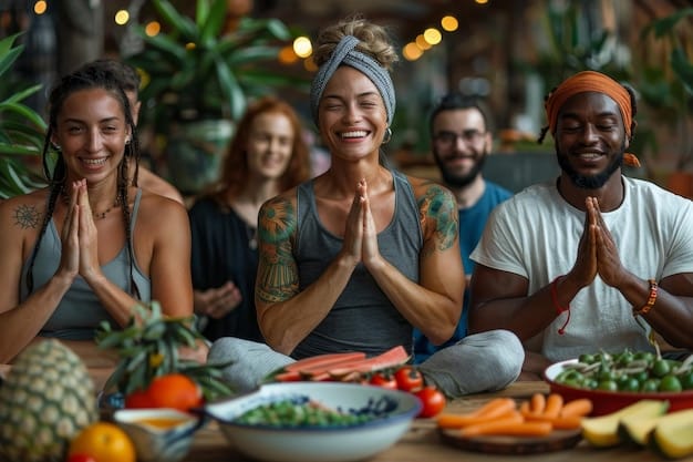 A group of diverse employees participating in a workplace wellness activity, such as a yoga session or a healthy cooking class.