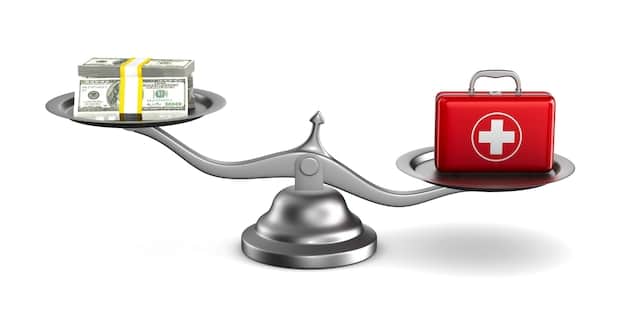 A balance scale with a dollar sign on one side and a medicine/health symbol on the other, representing the balance between health savings and healthcare costs.