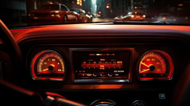 A close-up shot of a car's dashboard with the