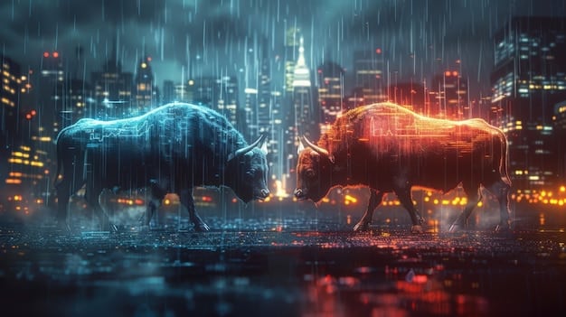 A split image showing contrasting scenes: one side depicts a vibrant stock market with rising graphs, and the other shows a factory closing down with an
